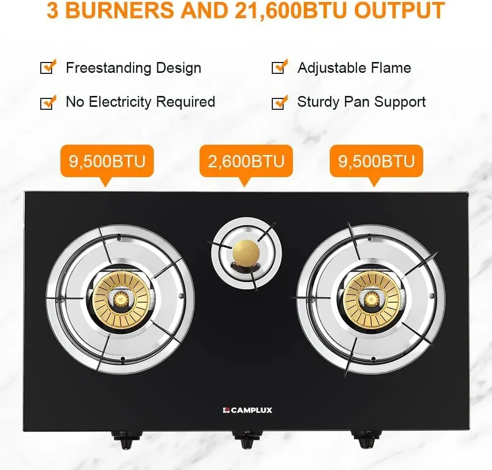 Propane Gas Stove with 21,600BTU, 3 Burners Propane Stove, Tempered Glass Camping Cooking Stove