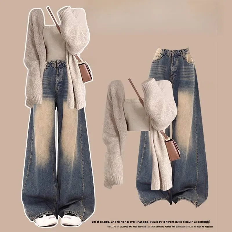 

plus Size Women's Spring Denim Knitted Sweater Coat High Waist Loose Slimming Wide Leg Pants Tee Piece Set Faionable Ense...