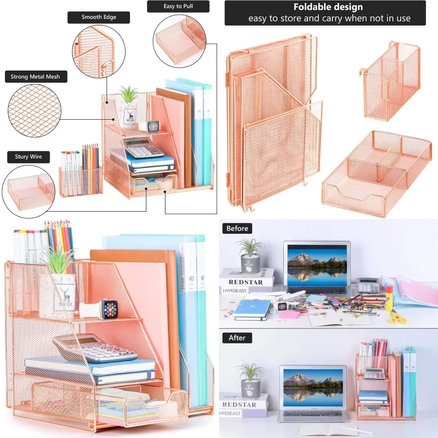 

Настольные аксессуары из розового золота, офисные принадлежности, настольный органайзер Caddy с выдвижным ящиком, двойной поднос, органайзер для файлов и держатель для ручек f