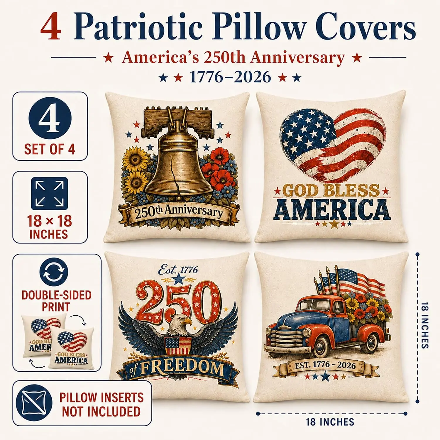 4 Pieces American Patriotic Throw Pillow Cover Set USA Independence Day Home Decor Flag Cushion Anniversary Gifts