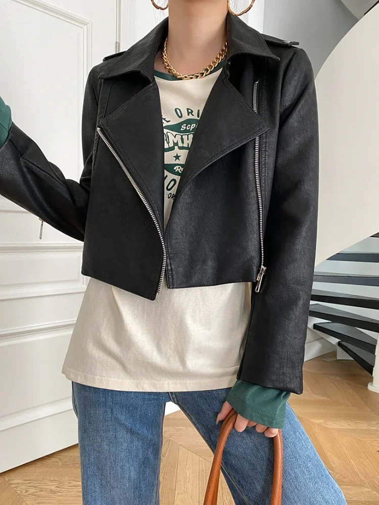 

Zipper Cropped Leather Jacket for Women Spring Autumn 2024 Trend Simple Lapel Casual PU Leather Motorcycle Jackets