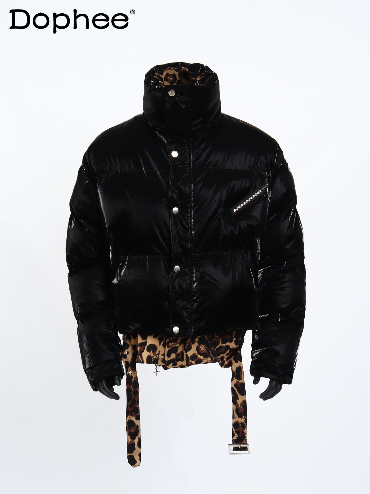 

Зимняя высококачественная индивидуальная двухсекционная лоскутная хлопковая куртка с леопардовым принтом для мужчин, блестящее утолщенное теплое хлопковое пальто