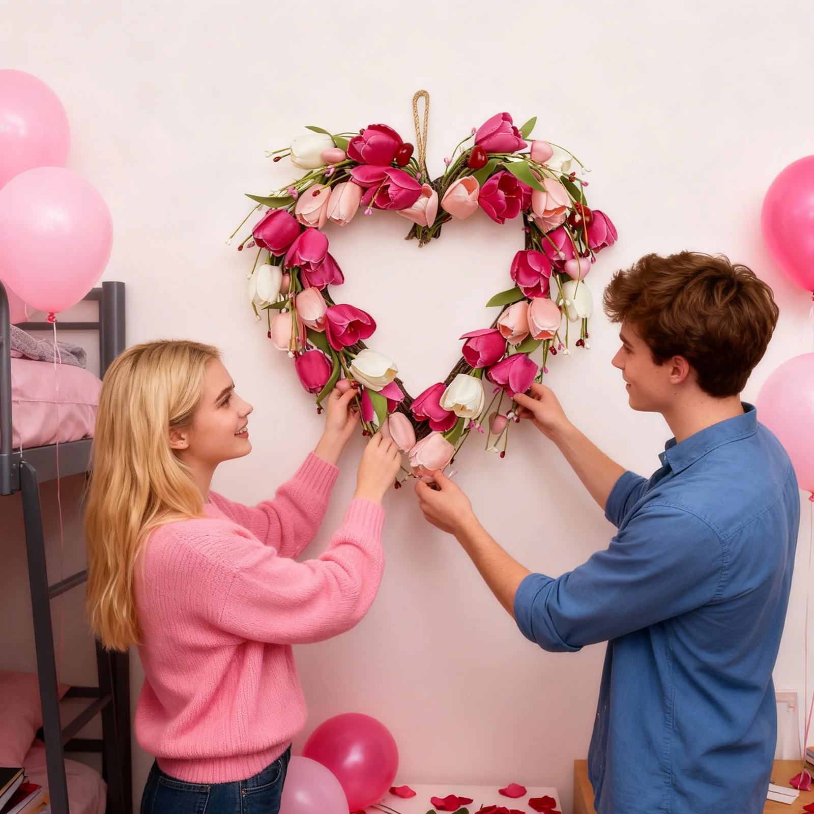 

Романтический венок в форме сердца для подарков на День святого Валентина, искусственные тюльпаны, розовые венки, декор для свадьбы и годовщины, 40 см