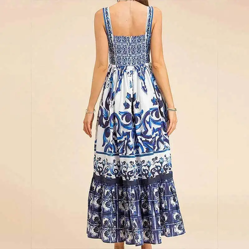 2024 Summer New European and American Women\'s Fashion Bohemian Elegant Light Luxury Mid length Printed Strap Dress