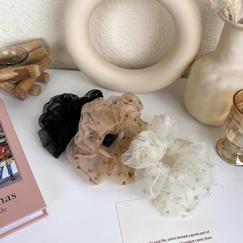 الكورية شبكة حبل الشعر مع طباعة القلب ، ذيل حصان شفاف تول ، رومانسية الشعر التعادل ، اكسسوارات الصيف ، Hot