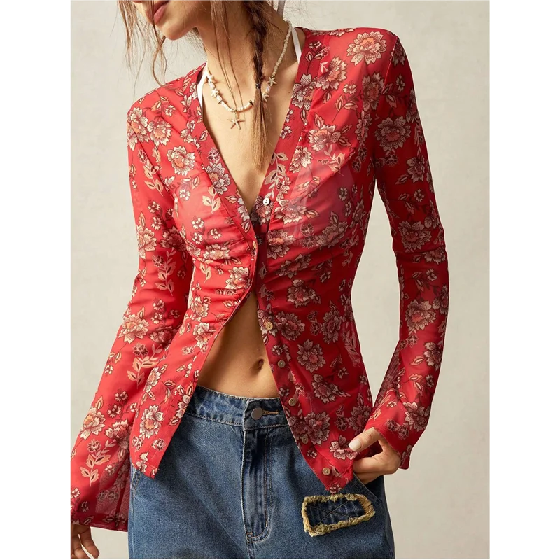 A09P Chemises à manches longues pour femmes, chemisiers Boho à imprimé floral, boutonné, col en V, hauts ajustés