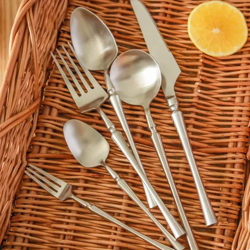 5 Pieces Cutlery Set Stainless Steel Tableware Sliver Dinnerware Matte Knife Fork Spoon Set Matte Flatware Silverware For