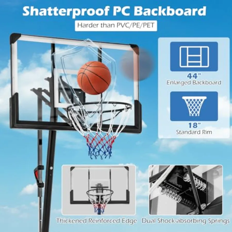 Portable basketball hoop for indoor outdoor use, polycarbonate backboard, black, height adjustable 4.9-10 ft with rebound plate view 4
