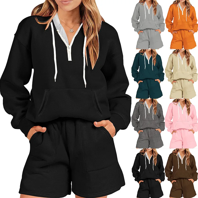 Sporty Sweater Shorts Set 2023 Autumn/Winter New Home 2 Piece Set Fashion Casual Zipper Design Drawstring Bubble Texture Hoodie