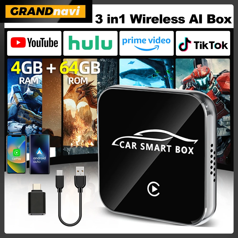 2026 Android 15 3-in-1 CarPlay AI Box Kabelloser Android Auto USB-Adapter 4G 64G für YouTube Netflix Automatische Verbindung