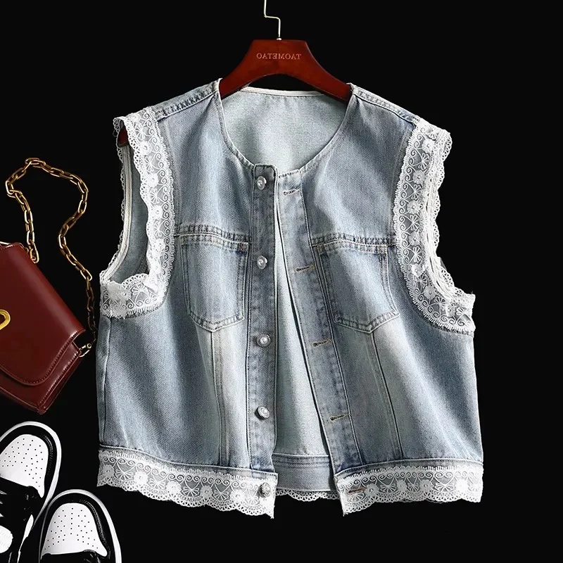 

Women's Vest Retro lace Stitching Denim Vest Jacket Women's Spring and Autumn Design Sense Overlapping Sleeveless Vest Tank top