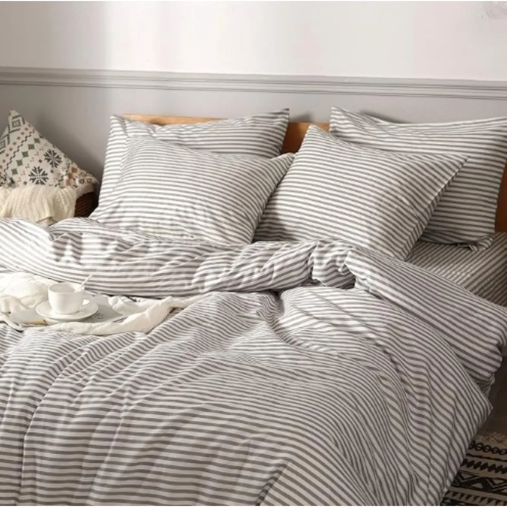 Duvet Cover Sets,100% Natural Cotton 3pcs Striped White Duvet Cover with Khaki Stripes Pattern Printed Comforter Cover