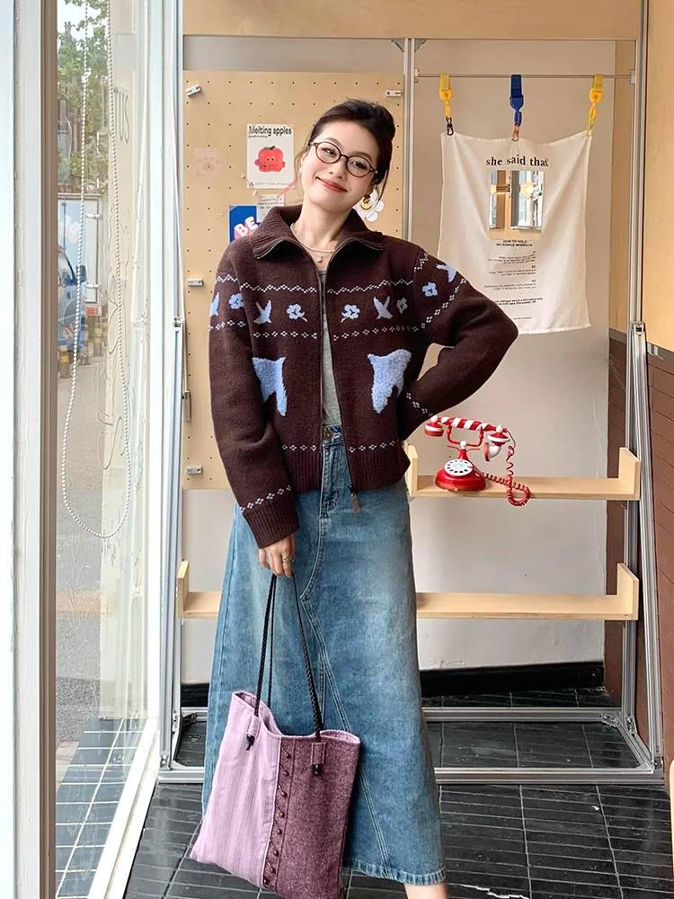 

Retro Zipper Collar Fair Isle Sweater Cardigan Women's Autumn Winter Loose Lazy High-End Knittedwear Commute Sle Long Sve