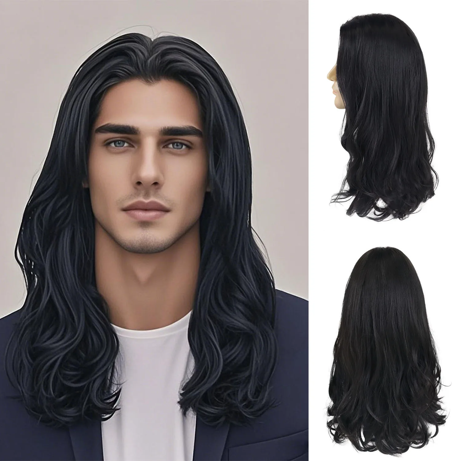 

Синтетические натуральные черные 22-дюймовые длинные вьющиеся волнистые парики для мужчин Мужской парик 70-х 80-х годов Ежедневный костюм Косплей Хэллоуин Рокер Парик Мужчина