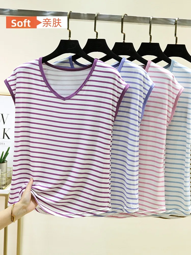 Slimming Effect Modal V-Neck Sleeveless Striped T-Shirt Women Summer Inner Wear Tank Top plus Size Outerwear Cool Feeling Bas...
