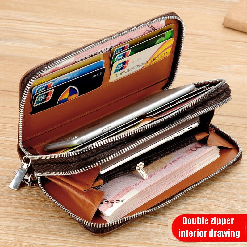 Waterproof Men\'s Long PU Wallet with Dual zippers Large Capacity Male Leather Purse Durable Leisure Male Coin Pocket Outdoor