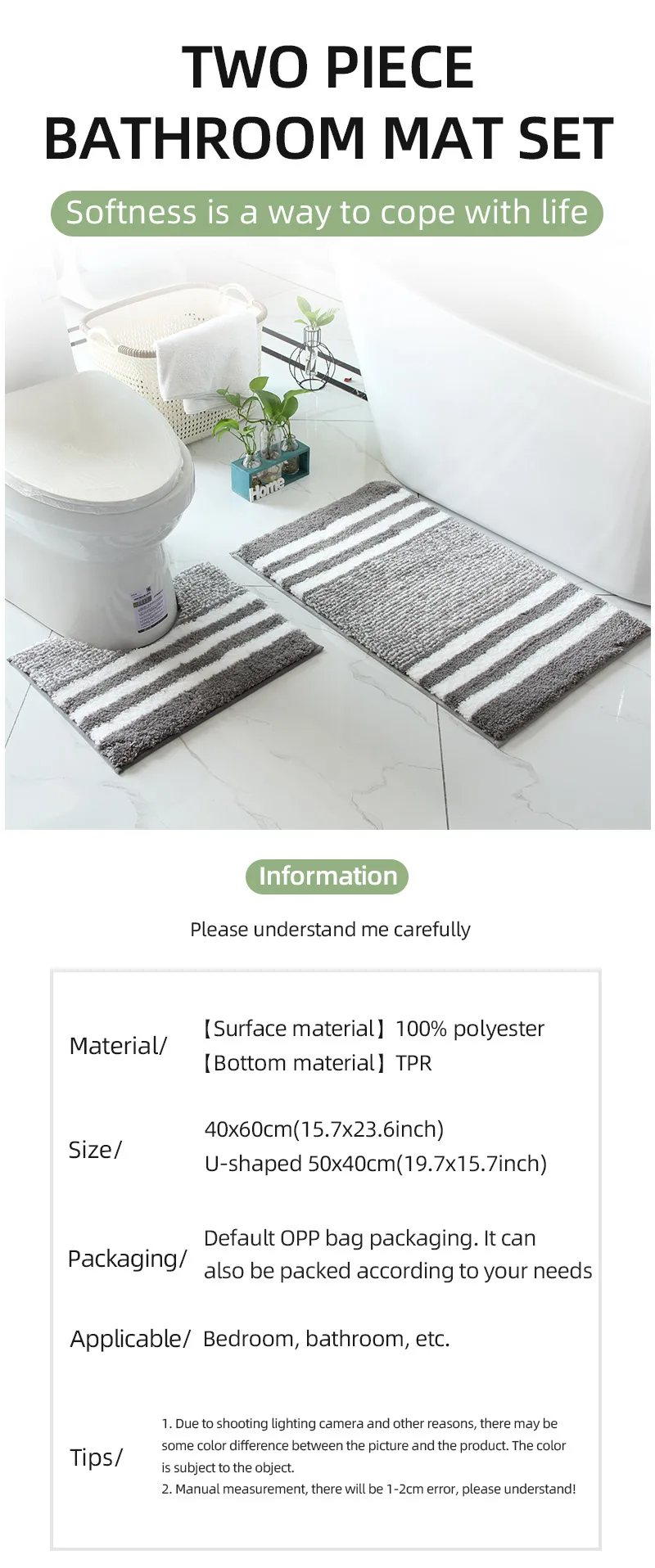 Description Picture 2 of itemStriped microfiber bathroom carpet set 2-piece,waterproof,non-slip and quick drying,machine washable,TPR backing, medium velvet