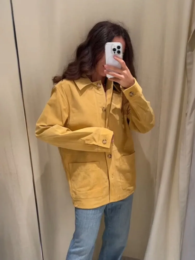 

HH Women's Summer Fashion Coats Yellow Turn-Down Collar Long Sleeve Pockets Single-Breasted Female Casual Loose Jackets