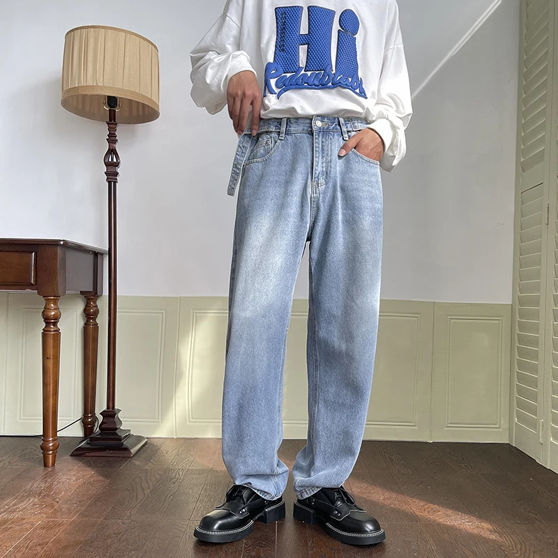 

Модные корейские мужские джинсы с широкими штанинами и поясом, осенние, в стиле ретро, прямого кроя, универсальные повседневные длинные брюки