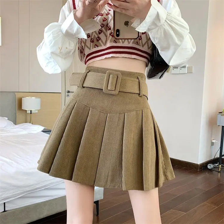 Comes with A Waistband Corduroy Pleats High Waist Slimming Effect Crotch Blocking Short Skirt Anti Glare A-line Skirt for Women