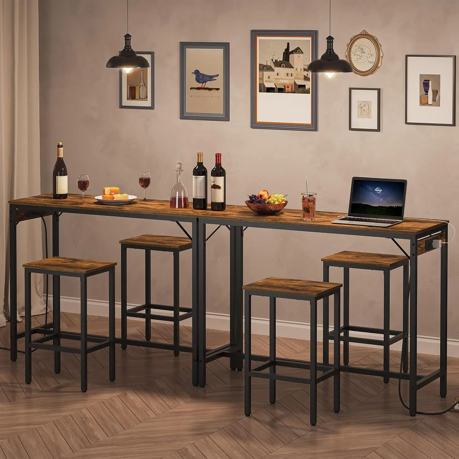 Bar Table and Chairs Set, 47.2" Dining Set with Power Outlet, 3-Piece Pub Set, Kitchen Bar Height with Stools