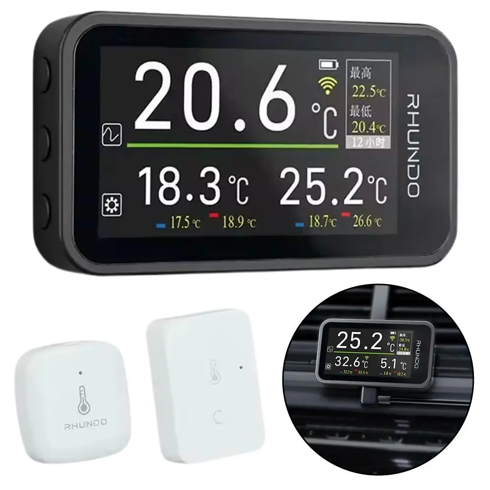 RHUNDO RW-T11 Wireless Car Digital Thermometer - Indoor/Outdoor Temperature & Alarm Clock, IPS TFT Color Display 3 Readings