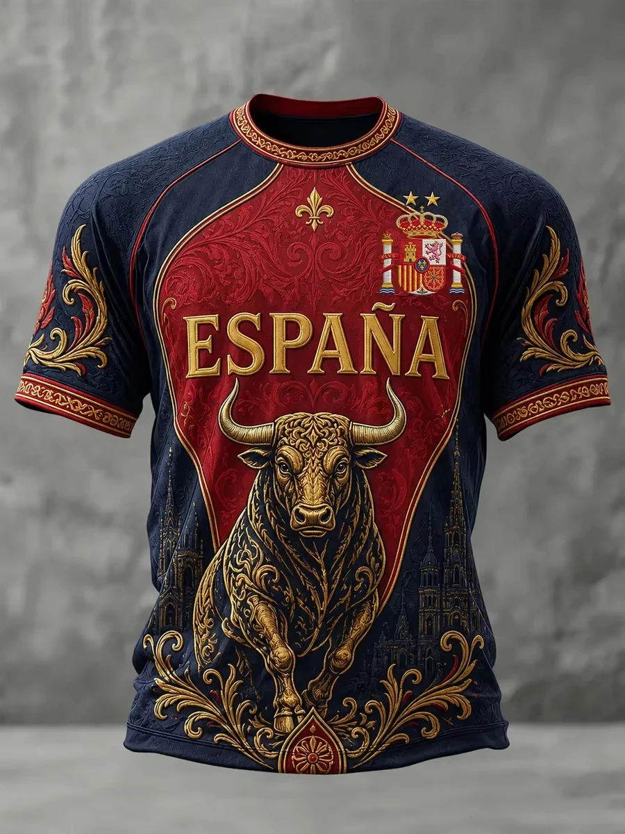 Retro Baroque Pattern Spanish Bull Jersey Unisex Espana Themed Quick‑Dry Short‑Sleeve Casual Football Supporter Tee Sports Top