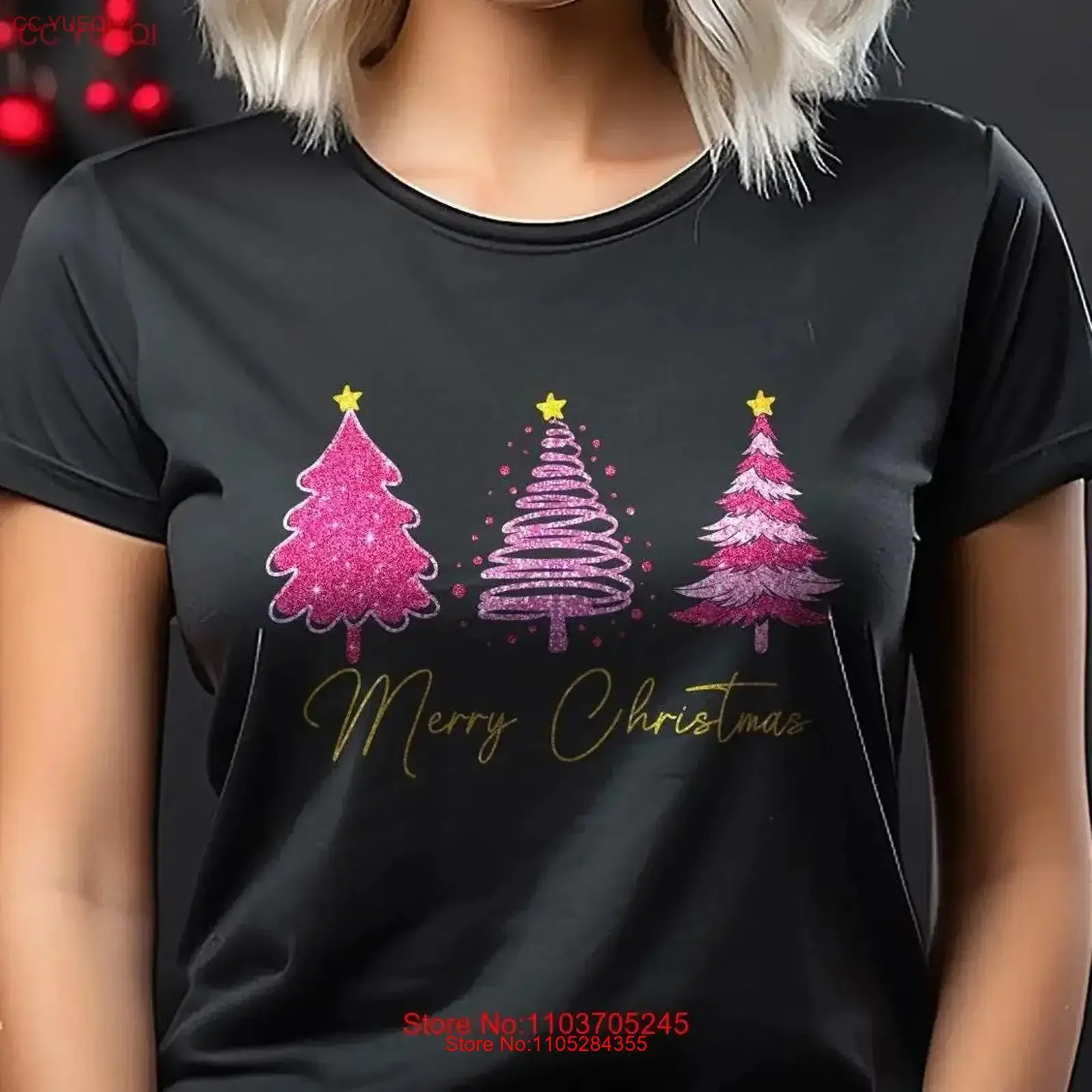 Pink Glitter Trees Merry Christmas Bella Canvas Crew Neck T Shirt DTF 50112 vintage Washed Breathable graphic Versatile