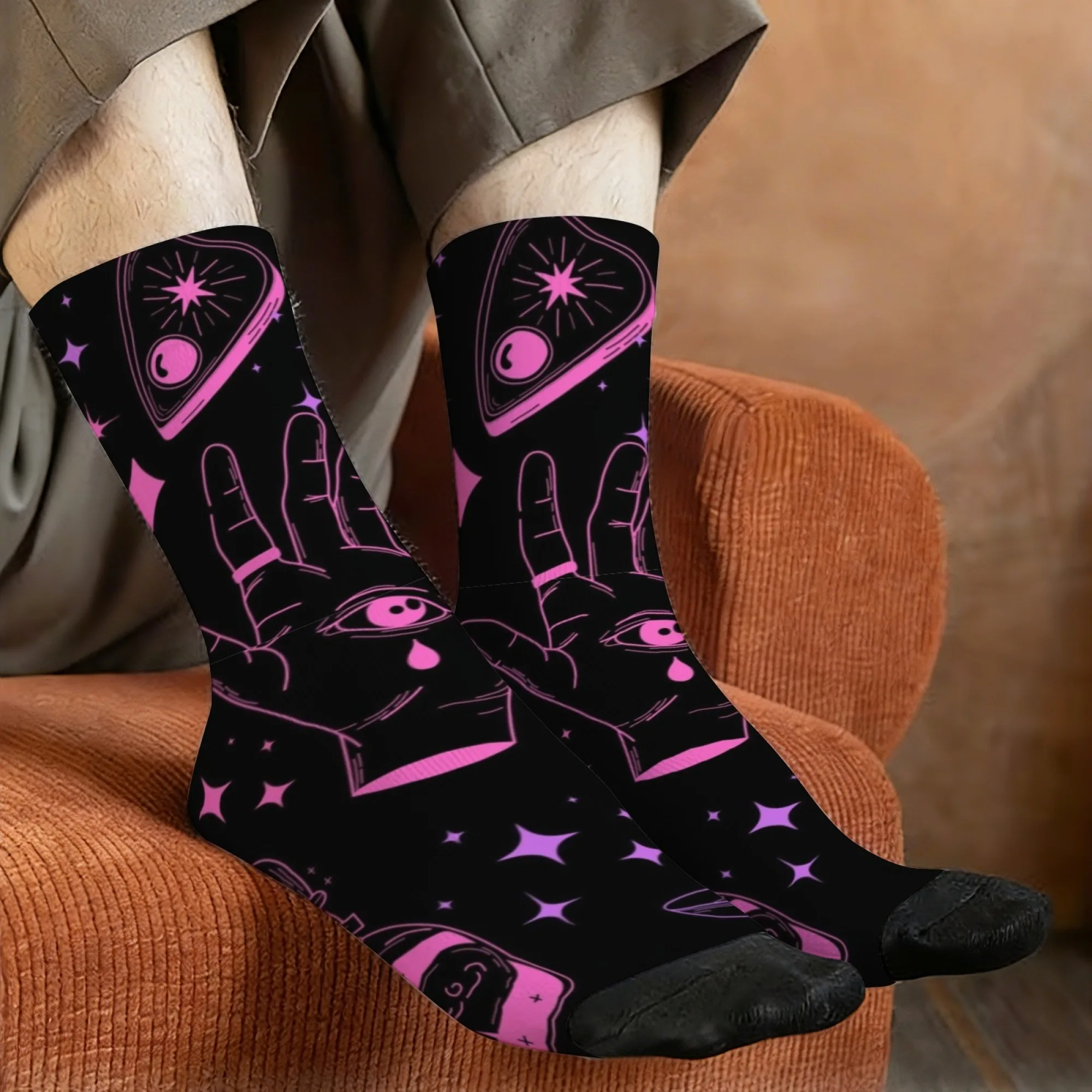 Mystic Occult Symbol Crew Socks, Neon Pink Palm Eye Print Socks, Gift for Esoteric Enthusiasts & Fluorescent Trend Style Lovers