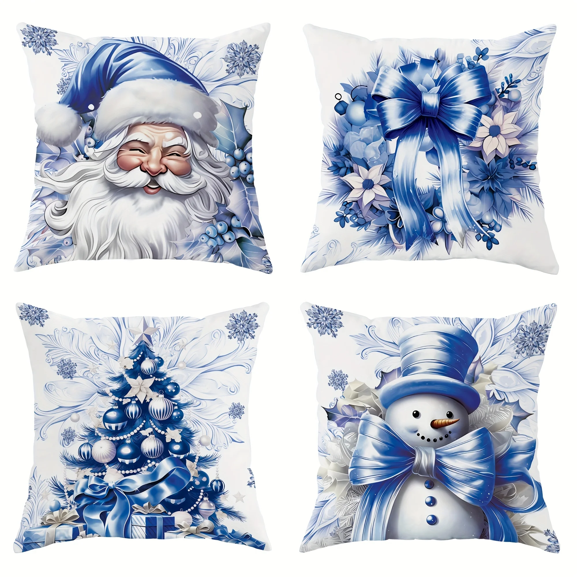 Satin Fabric Santa Claus Snowman Garland Christmas Tree Blue Throw Pillow Covers Zipper Christmas Party Decoration and Gift