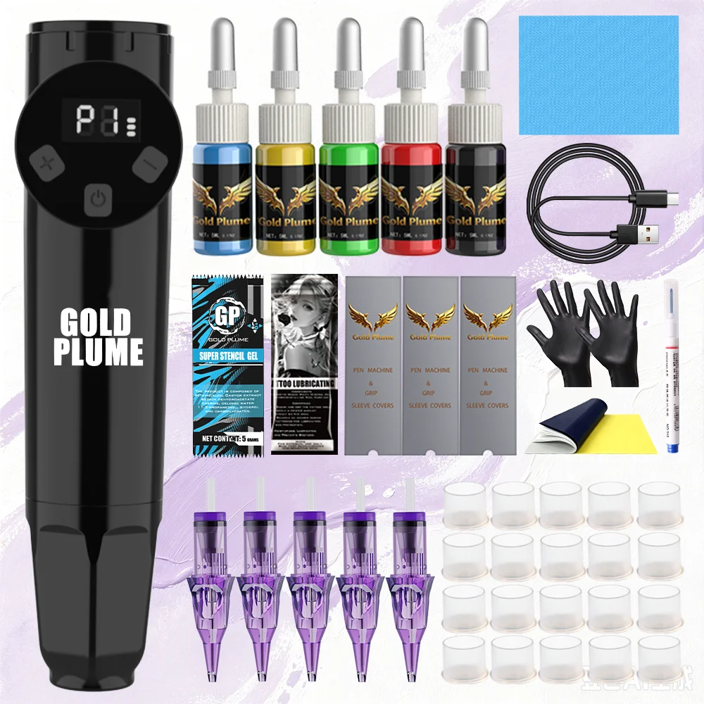 Wireless Rotary Tattoo Pen Kit, LED Digital Display Tattoo Machine, 5 Tattoo Inks, Cartridge Needles