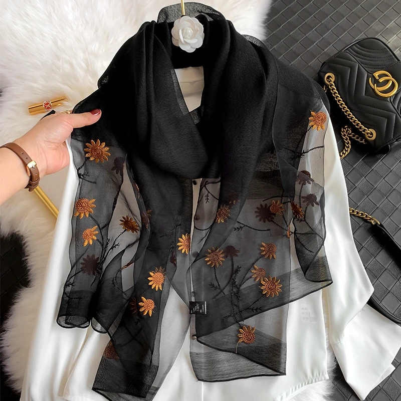 

Korean Version Autumn And Winter Silk Wool Warm Scarf Women's Fashion Solid Color Embroidered Floral Spring And Autumn Shawl