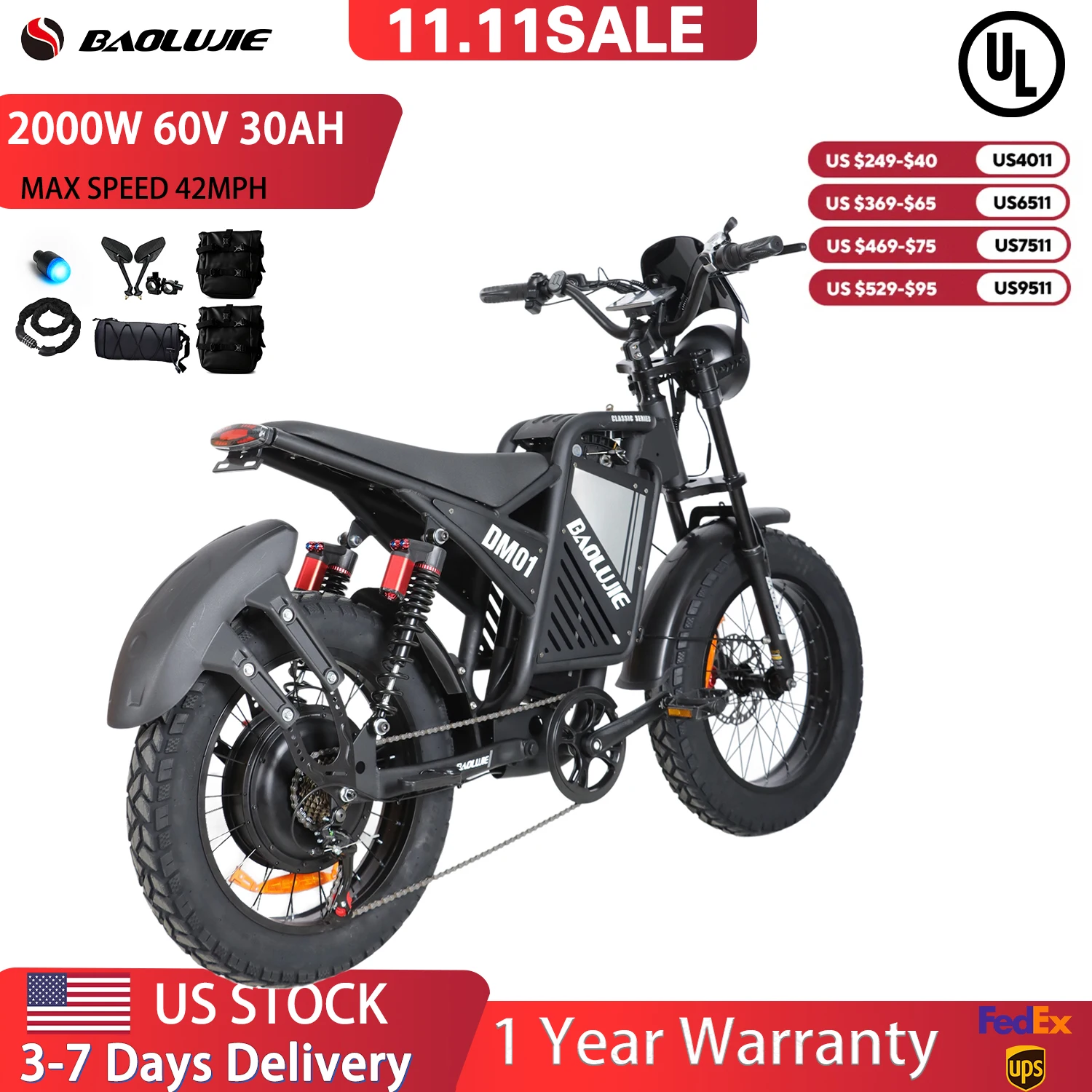 

【1 Year Warranty】BAOLUJIE DM01 Moto Electric Bicycle 60V 30AH Battery 42 MPH Electric Bike E-Bike Adult for Electric Motorcycle