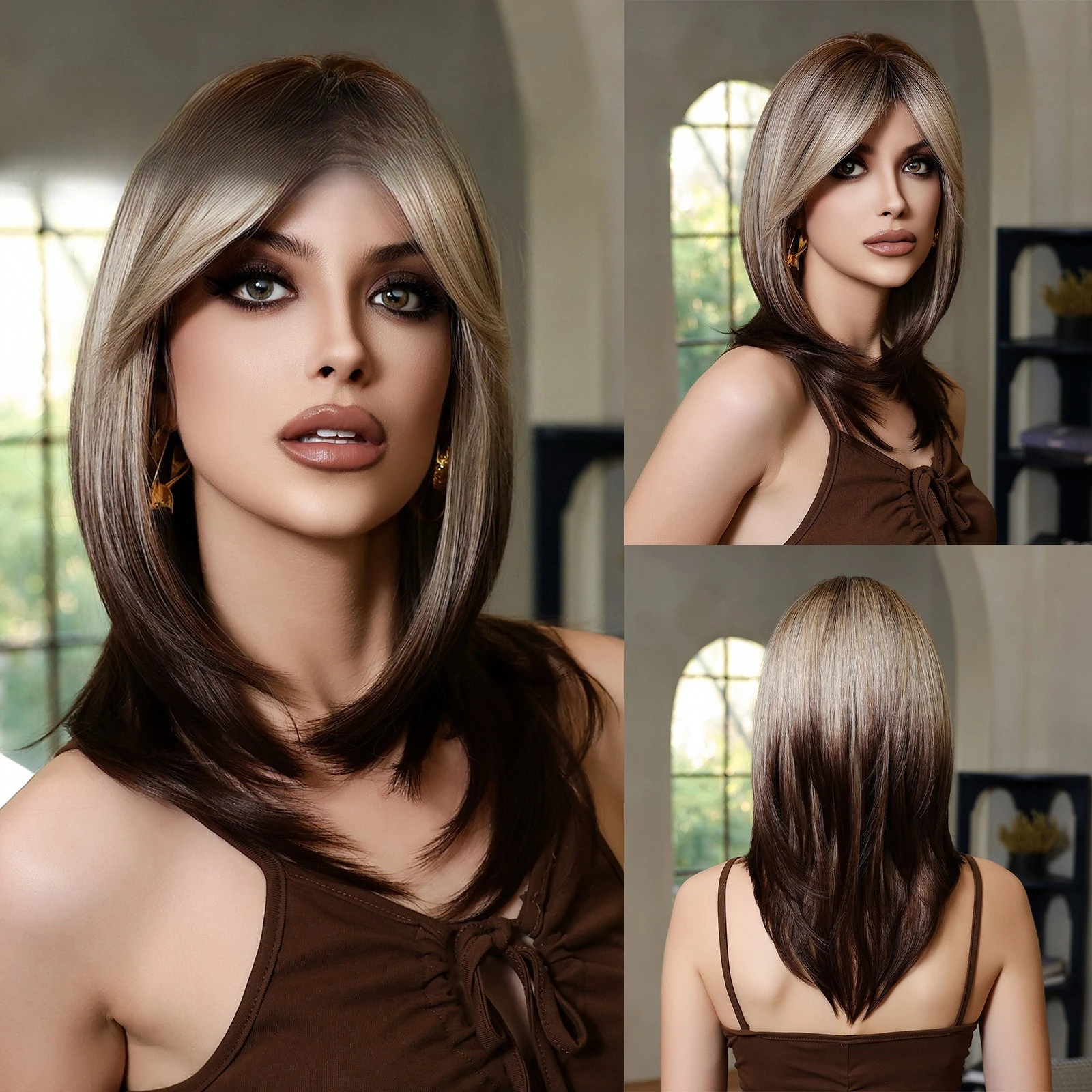 

Wig female gradual change gray gold new eight-character bangs shoulder straight hair, chemical fiber full head wigs