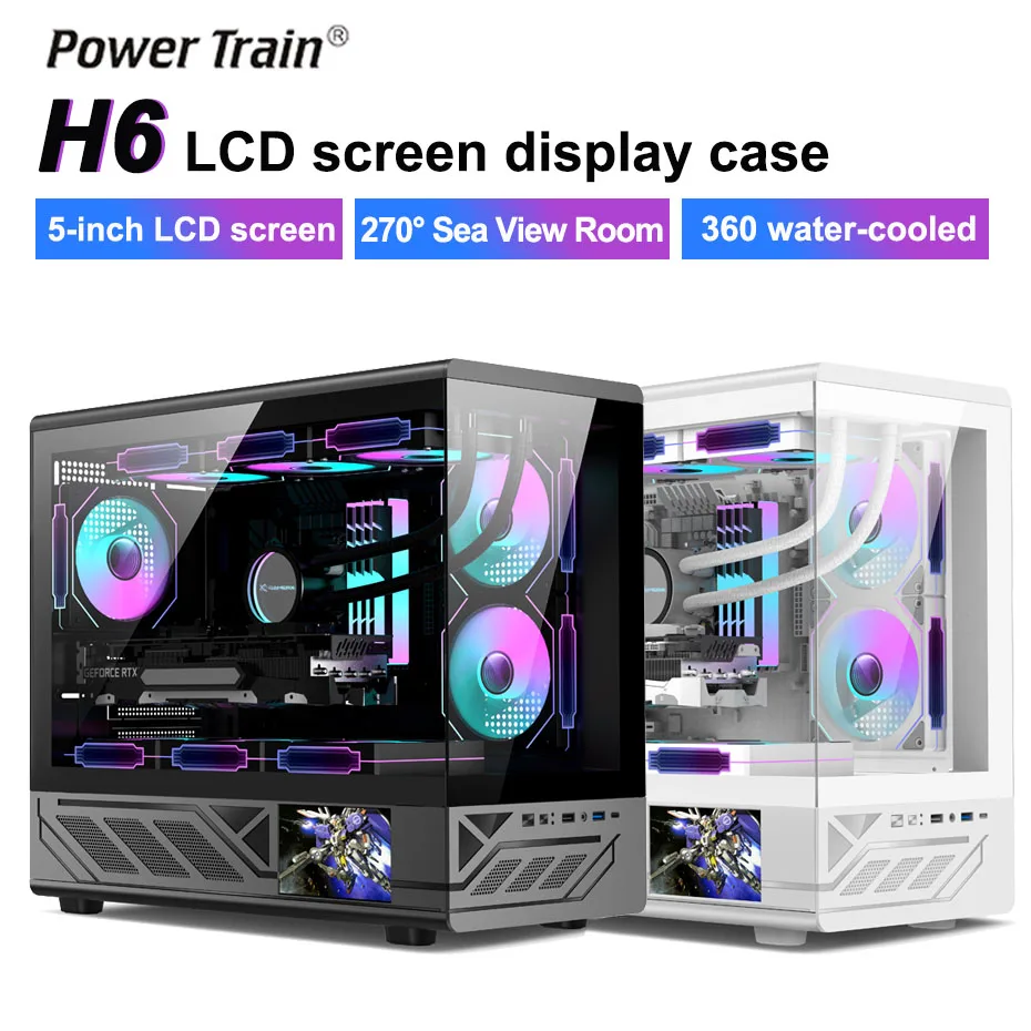 

Чехол Power Train X-GAMERX H6 MATX, 5-дюймовый ЖК-экран, вид на море, настольное шасси для комнаты, поддержка 360, с водяным охлаждением