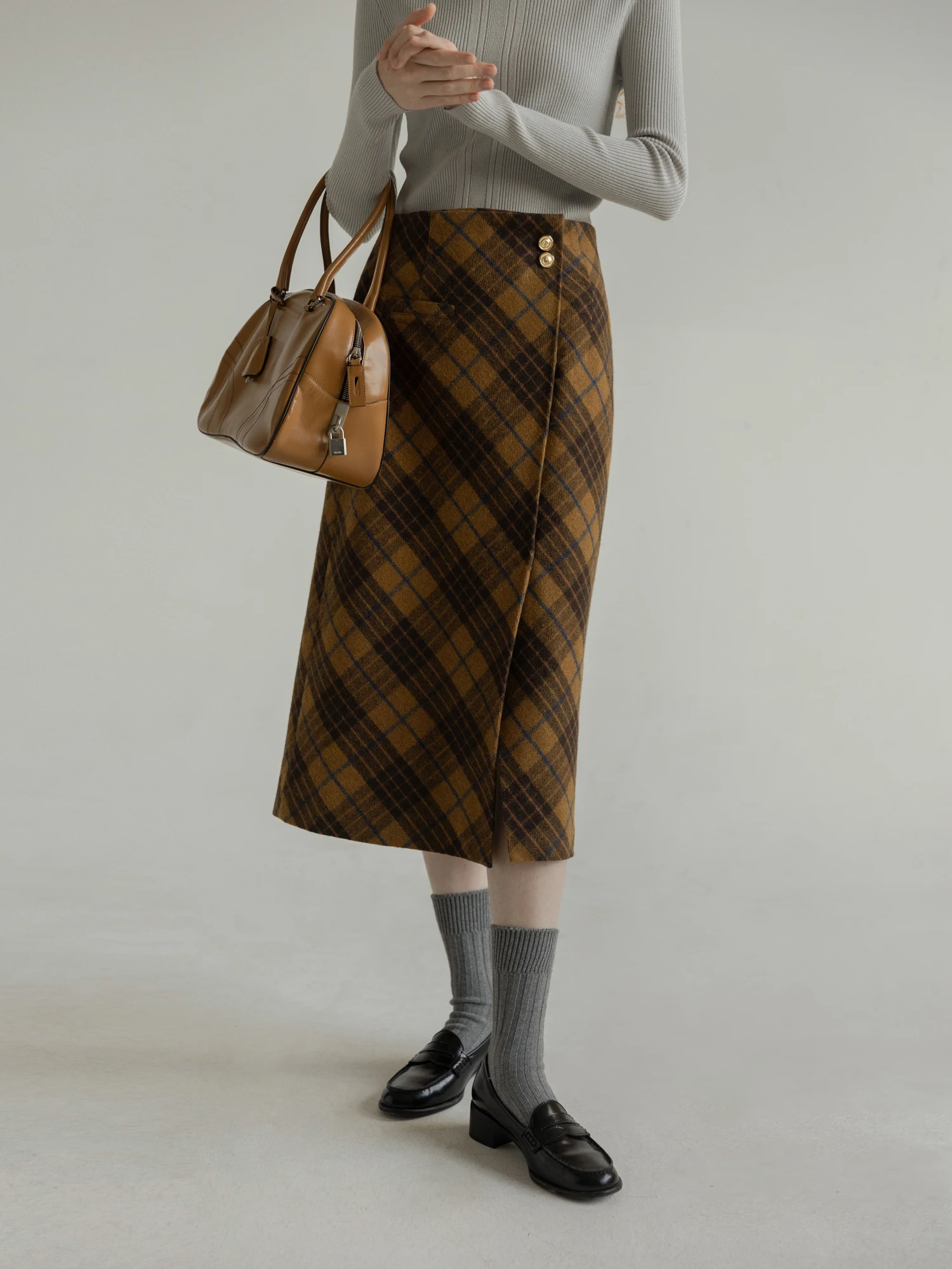 Elegant Plaid Woolen  Skirt High Waist A-Line Silhouette Zipper Closure Mid-Length Women's Autumn Winter Fashion Skirt