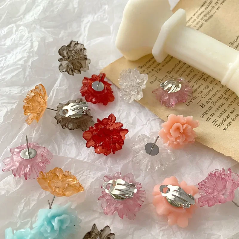 2024 Korean Irregular Flower Transparent Resin Earrings Stud Women Clear Orange White Stud Earrings Summer Earrings Jewelry Gift