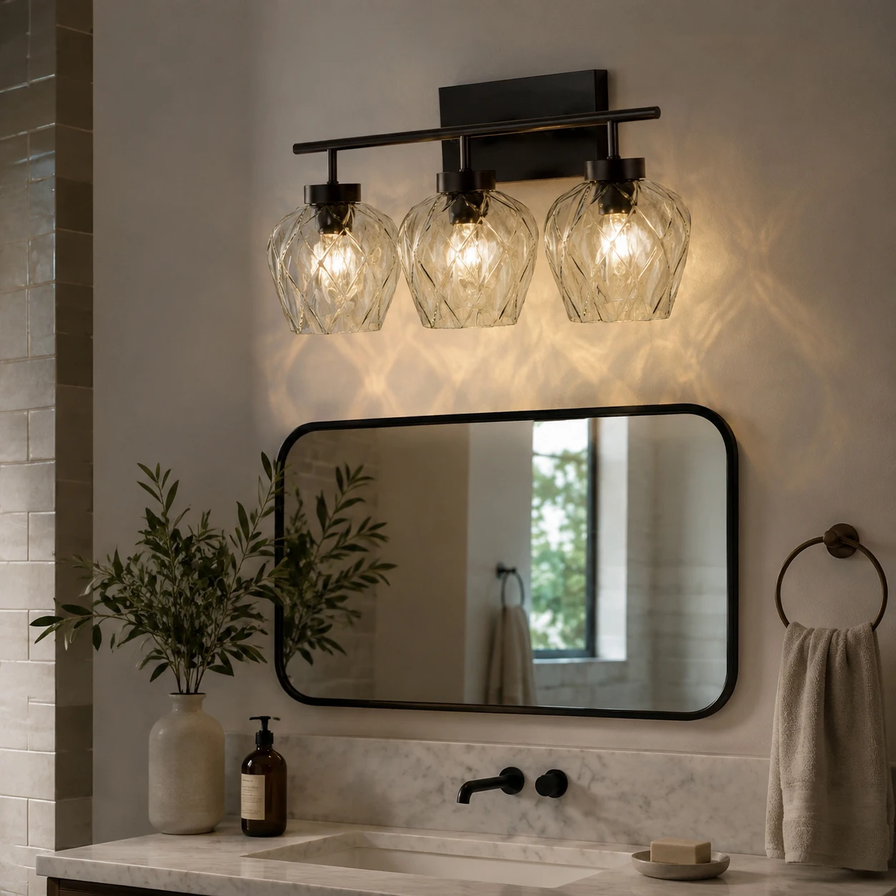Black Wall Sconce, 3-Light Wall Lamp, Vintage Indoor Wall Light Fixtures with Clear Glass Shade, Bathroom Vanity Lights for Living Room Bedroom Kitchen Hallway Home Decor(not included bulbs)