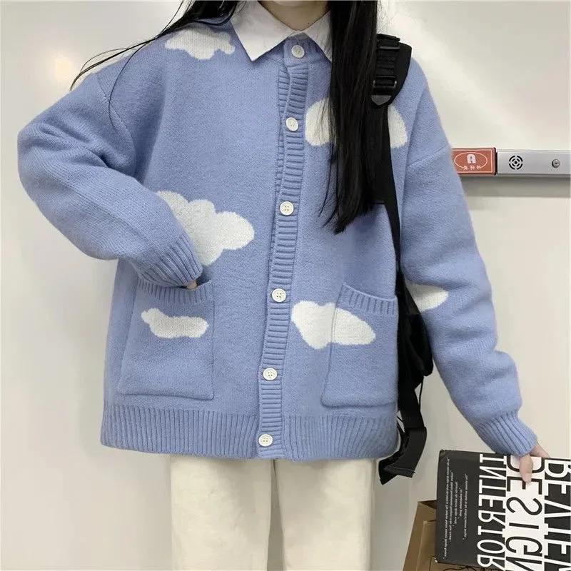 

Kawaii Cloud Print Blue Oversize Sweater Cardigan Women Korean Style Harajuku Cute Jumper Female Pullover Sweet Tops