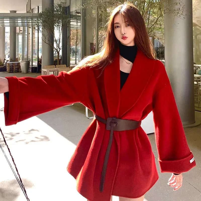 Women Belted Wool Blend Coat Lapel Loose Plus Size Warm Thick Elegant Short Winter Outerwear