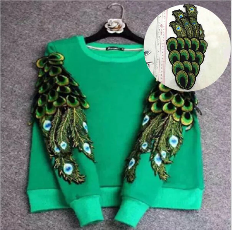 2 Piece High Quality Wings Embroidery Lace Fabric Peacock Feather Lace Patch  Sew on Applique Clothes Decoration