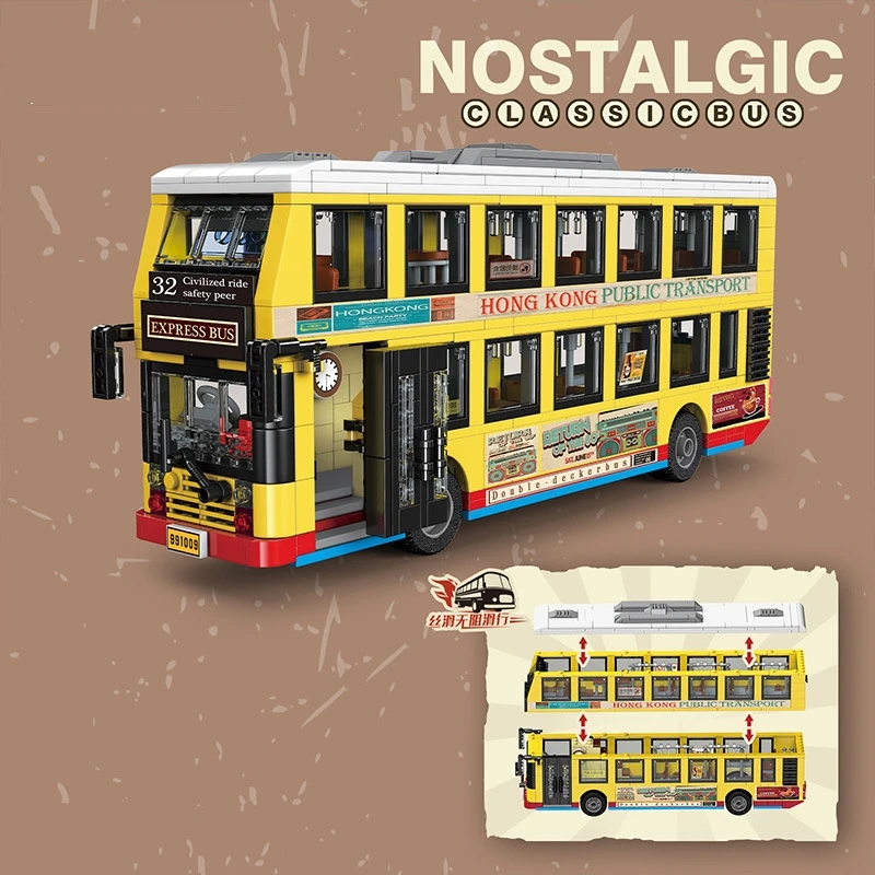 MOC City Car Toys Taxi Antique Tram Puzzle Brick Classic Hong Kong Style Double Decker Bus Retro Model Building Block Kids Gifts