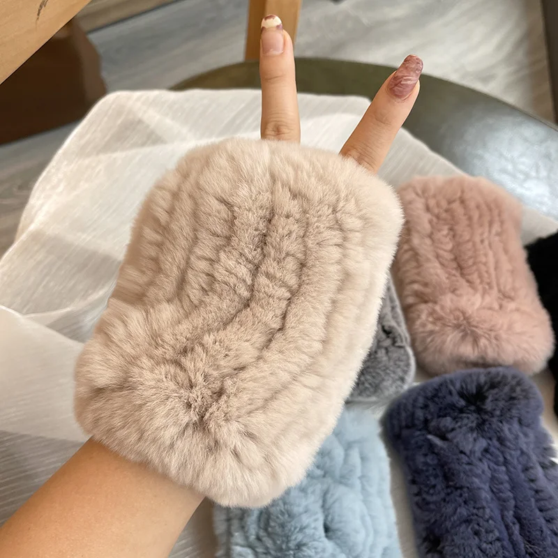 

Rabbit Fur Elastic Finger Gloves Winter Warm Knitted Fingerless Gloves Women Genuine Fur Mittens Handmade Knit Fur Mitten