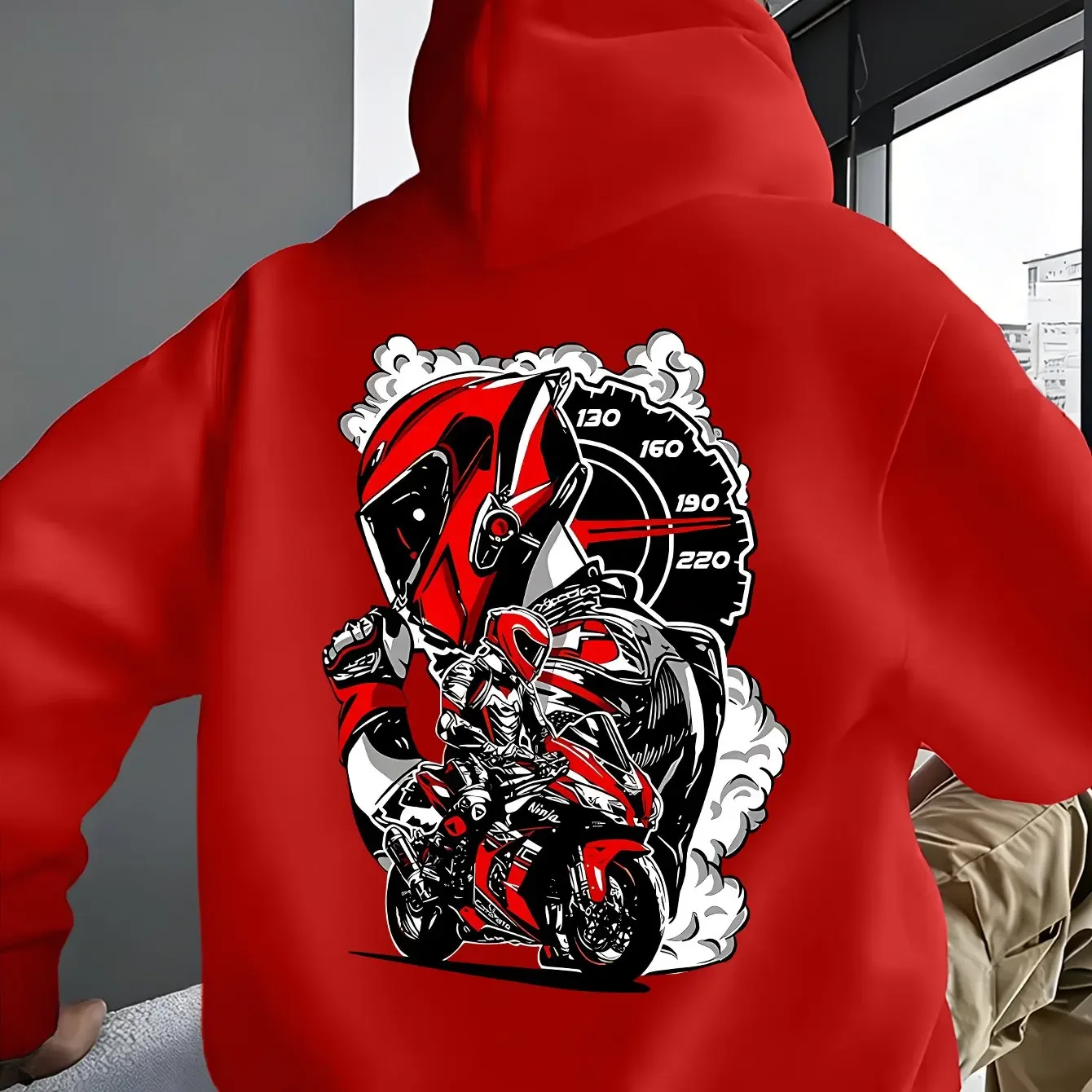 Red‑helmet Racing Biker Speedometer Smoke Art Graphic Army Green Oversized Unisex Motorcycle Style Hoodie Streetwear Pullover