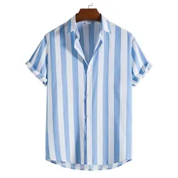 Camisa simples listrada masculina, blusa casual de cardigã de lapela solta, tamanho grande, camisa de manga curta, confortável high-end