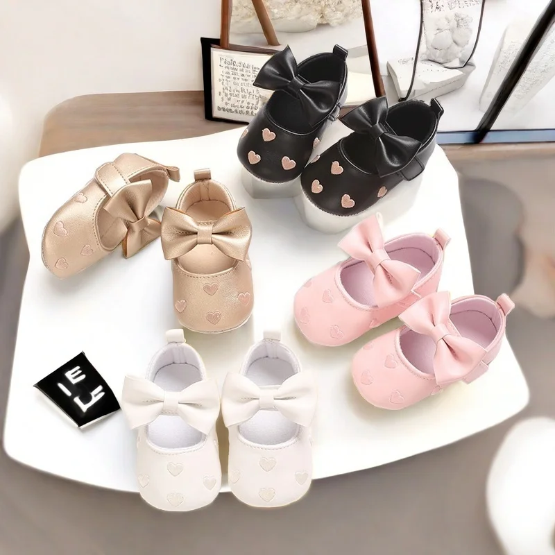 New Baby Girl Bow Baby Shoes Princess Lightweight Casual Infant Girls Shoes PU Soft Bottom Anti Slip First Walkers