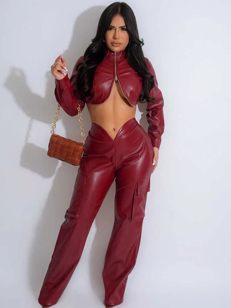 Winter 2 Piece Sets Women Outfit Luxury Elegant Long Sleeve Zipper Short Jacket and Long Leather Pant Sexy Club Outfit for Women