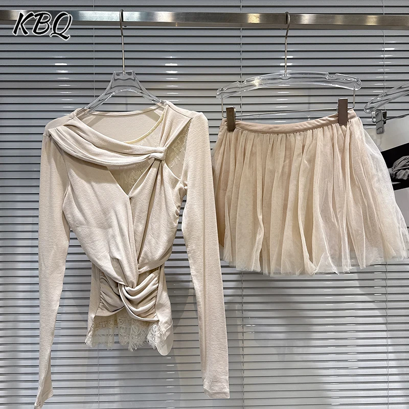 

KBQ Однотонные комплекты из двух предметов со сложенными складками для женщин, блузка с круглым вырезом и длинными рукавами, мини-юбка с высокой талией, свободный комплект для женщин