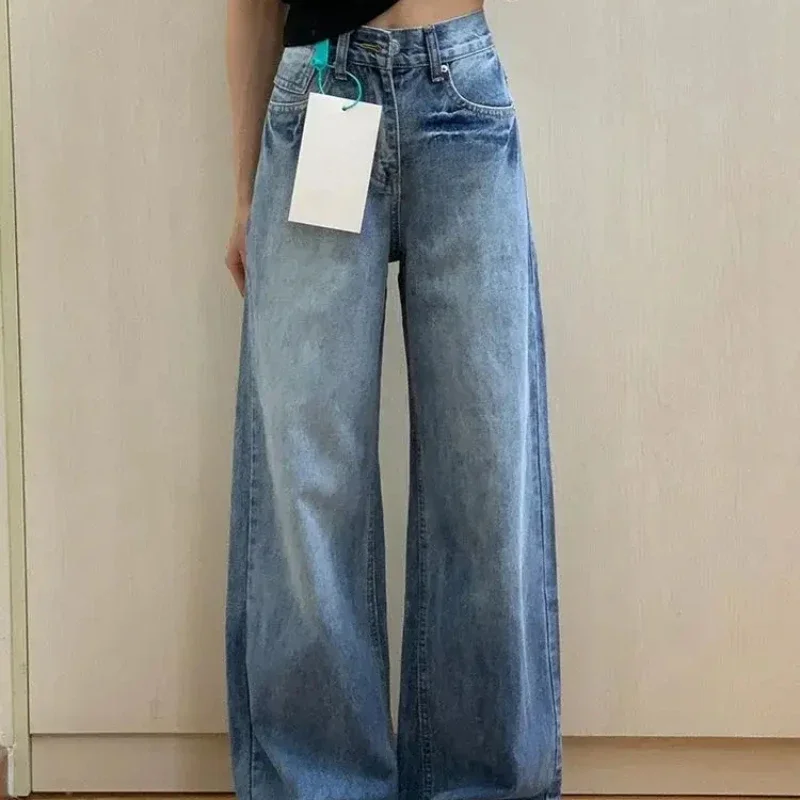 Retro Women's Jeans Wide Leg Cowboy Pants for Woman High Waist Shot Fitted Shiny Medium Trend 2025 Trousers Emo New In Office R