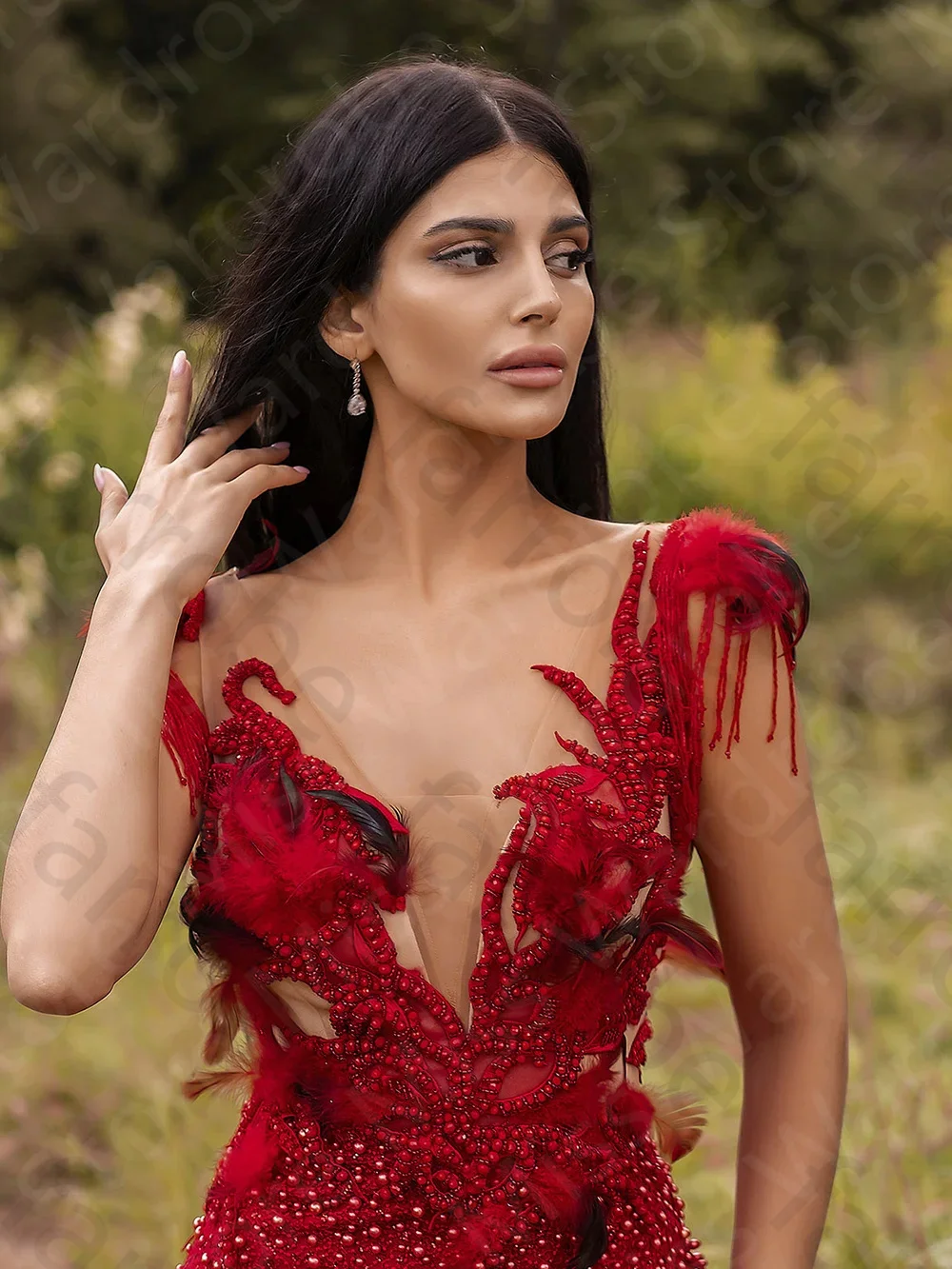 Robe de Soirée Rouge Élégante Personnalisée, Sirène à Paillettes, Tenue de Bal, Quelle que soit la Mancherons, Encolure en V, pour Invité de Mariage, Jupe à Niveaux